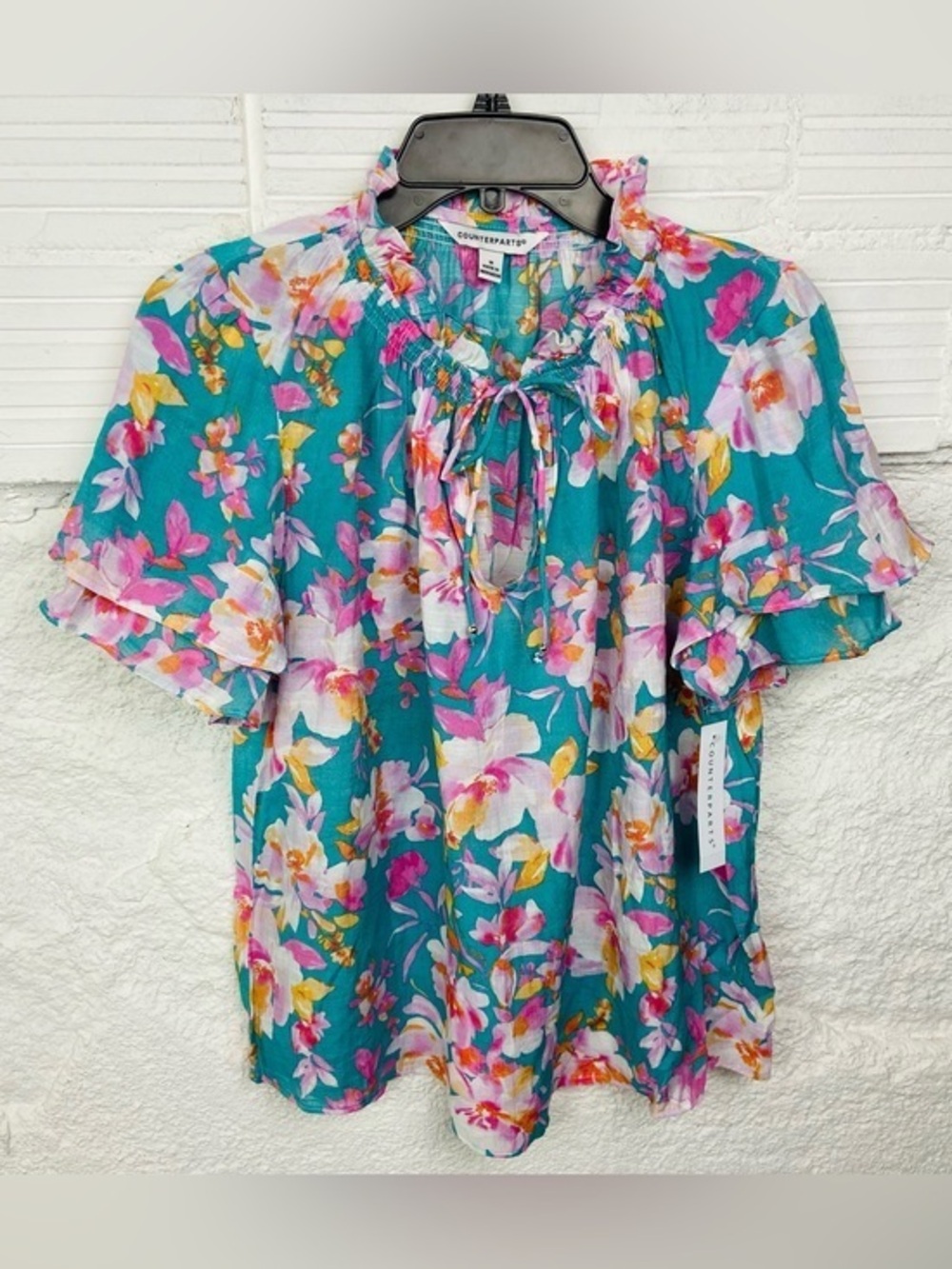 NWT Counterparts Teal Floral Tie-Neck Ruffle Sleeve Blouse size medium